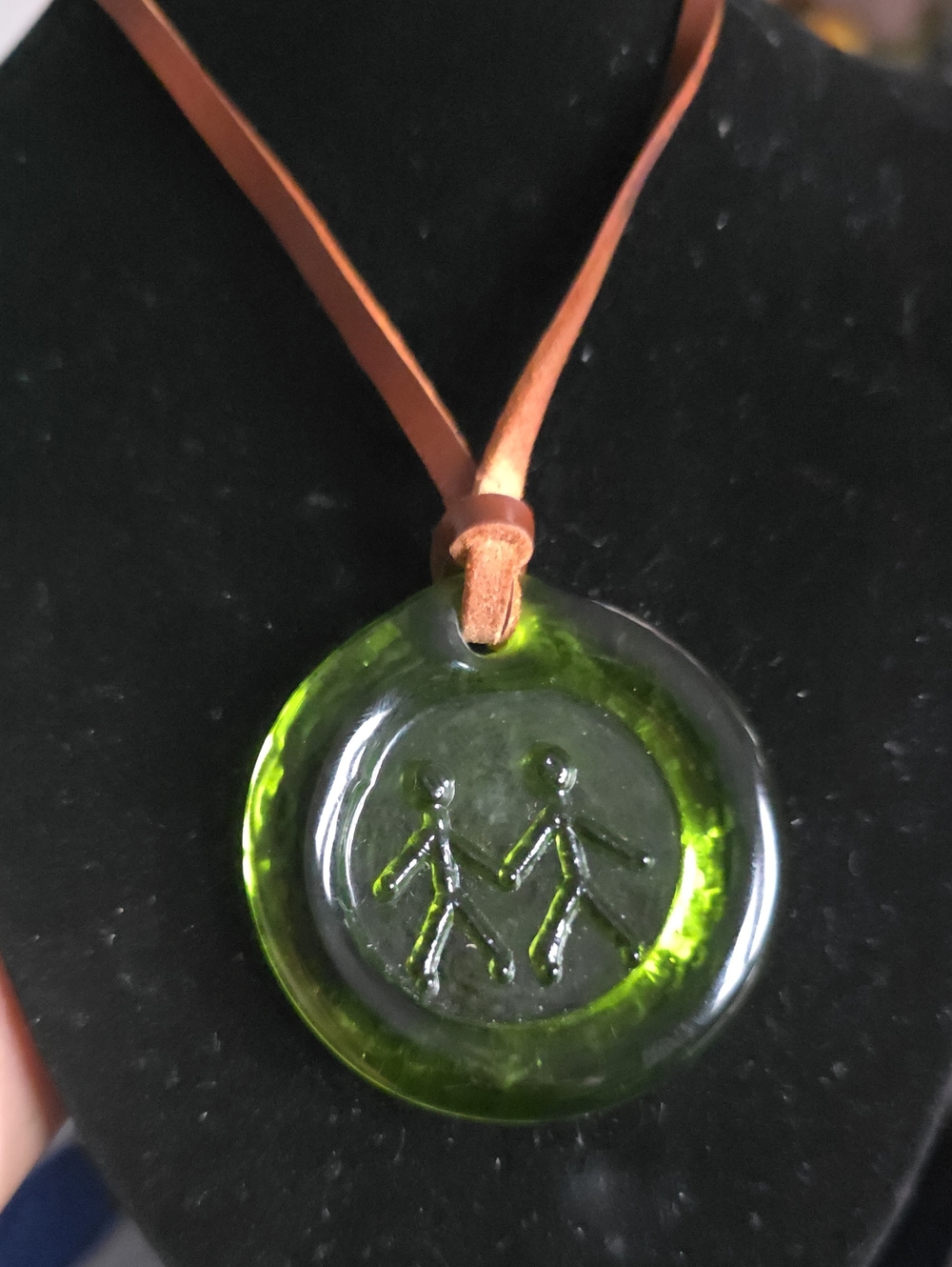 Green Glass Pendant Necklace on Brown Leather Cord - Elegant Casual Accent